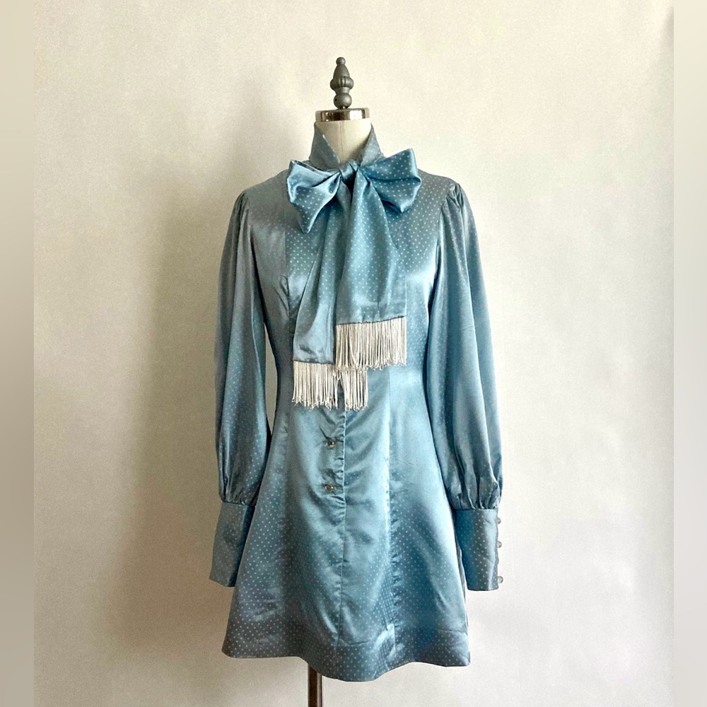 Vintage Blue Satin Fringe Western Dress